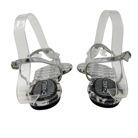 Chanel Clear Chain CC Logo Houndstooth Thong Flat Sandals Silver Size 39